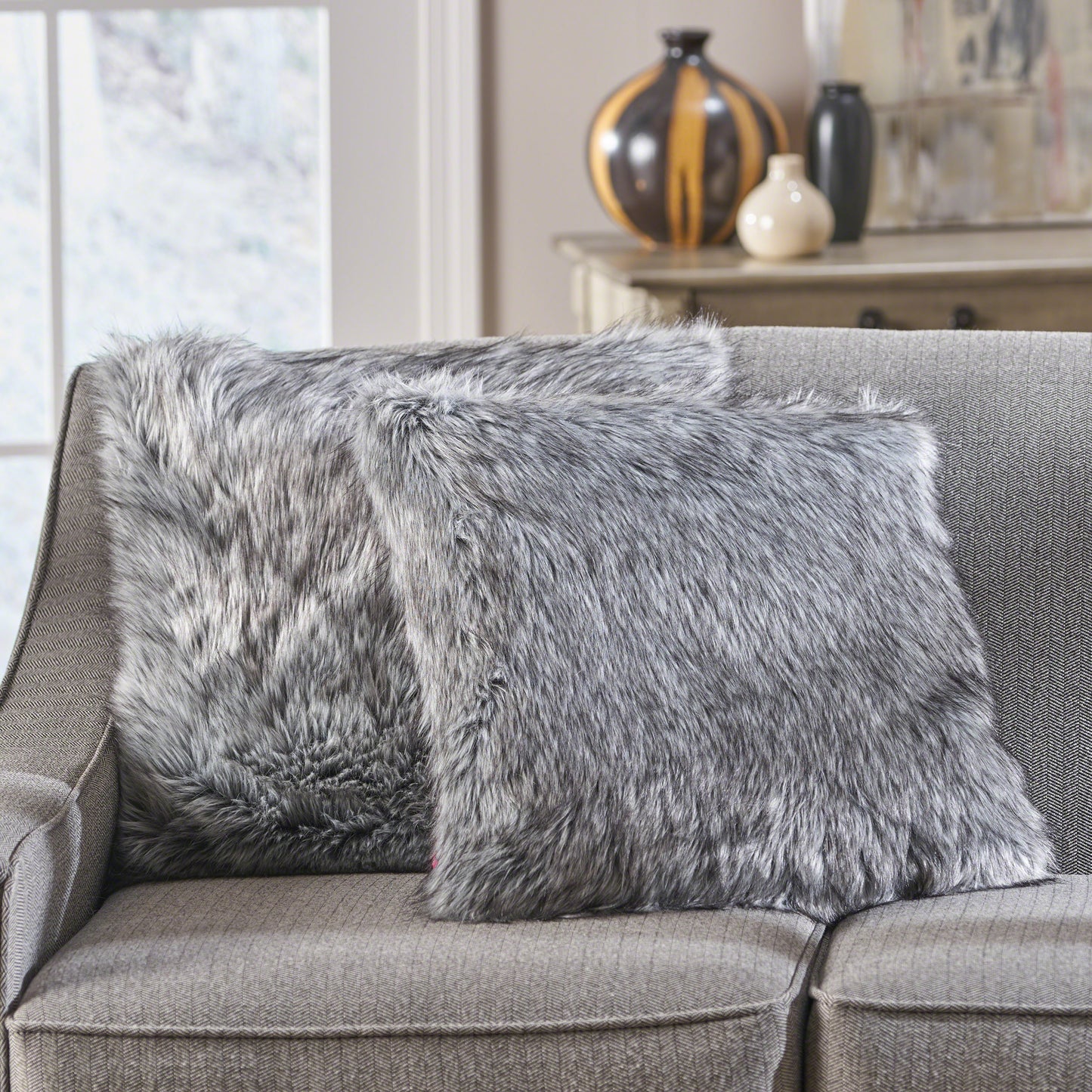 Laraine Furry GlamDark Grey and Light Grey Streak Faux Fur Throw Pillow