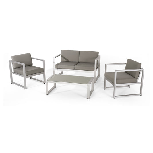 Noah Outdoor 4 Piece Silver Rust-Proof Aluminum Chat Set with Gray Water Resistant Cushions