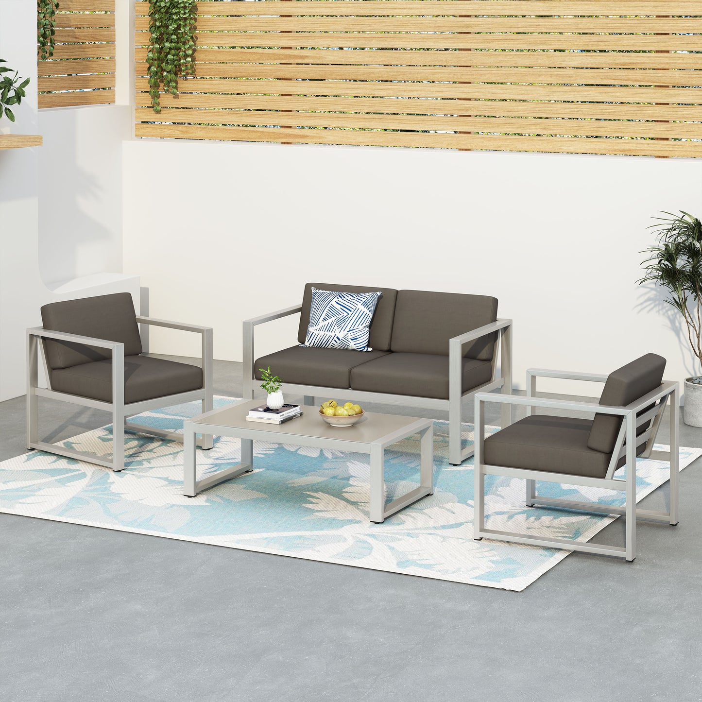 Noah Outdoor 4 Piece Silver Rust-Proof Aluminum Chat Set with Gray Water Resistant Cushions