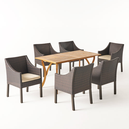 Abel Outdoor 7 Piece Acacia Wood/ Wicker Dining Set with Cushions, Teak Finish and Multibrown with Beige