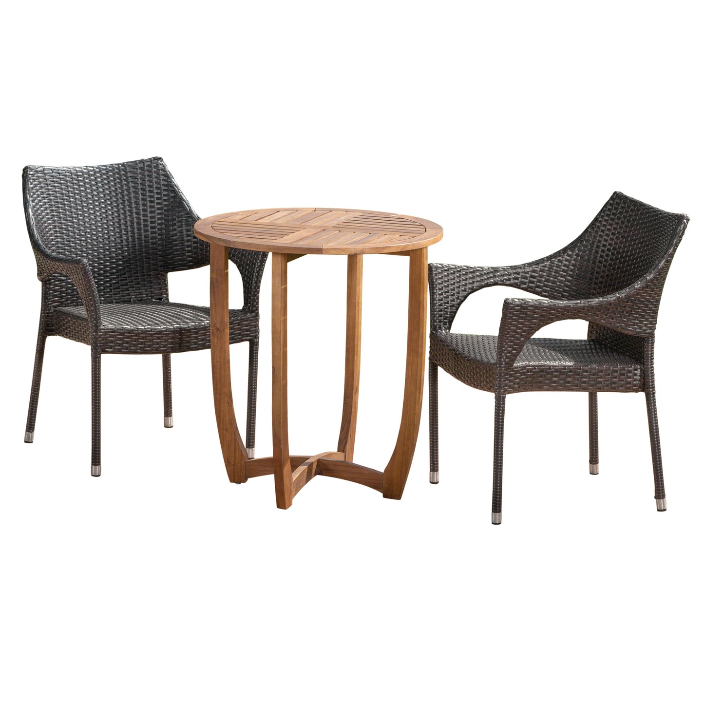 Ethan Outdoor 3 Piece  Acacia Wood/ Wicker Bistro Set, Teak Finish and Multibrown