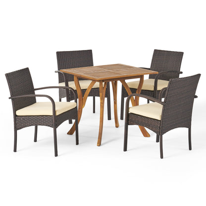 Derek Outdoor 5 Piece Acacia Wood/ Wicker Dining Set with Cushions, Teak Finish and Multibrown with Crème