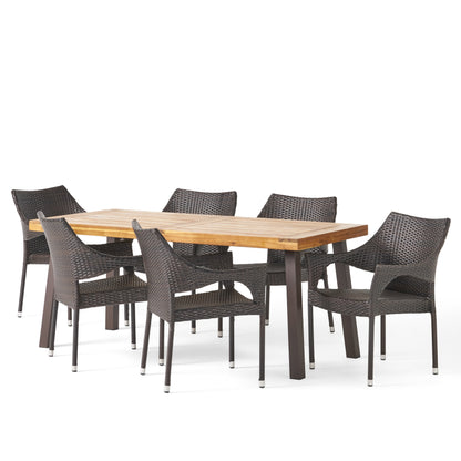 Jerome Outdoor 7 Piece Acacia Wood/ Wicker Dining Set, Teak Finish and Multibrown