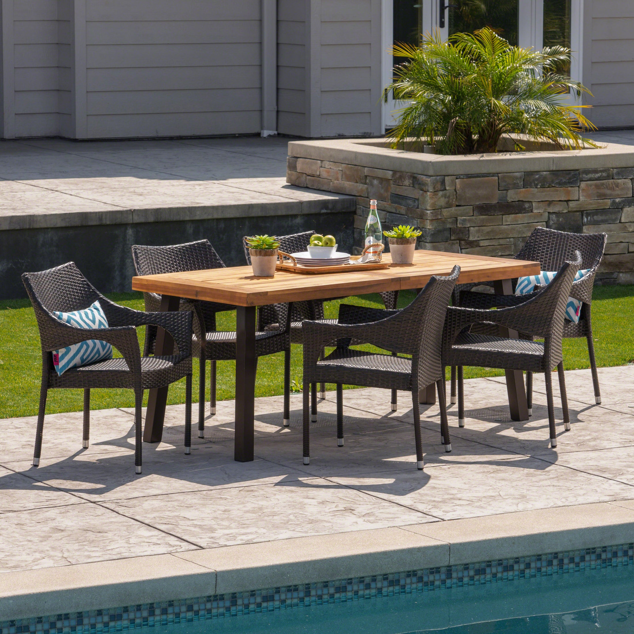 Jerome Outdoor 7 Piece Acacia Wood/ Wicker Dining Set, Teak Finish and ...