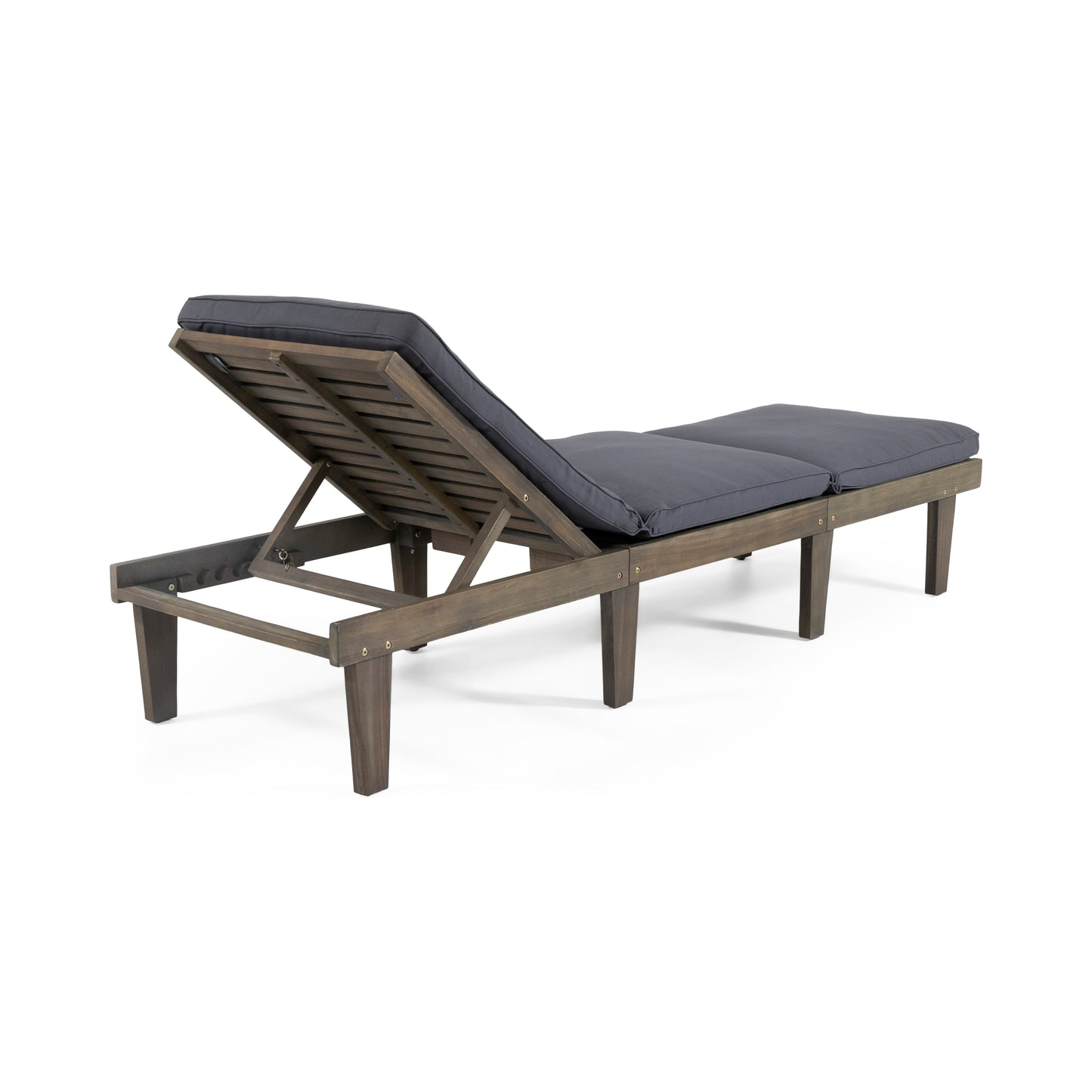 Alisa Outdoor Acacia Wood Chaise Lounge with Cushion, Gray and Dark Gray