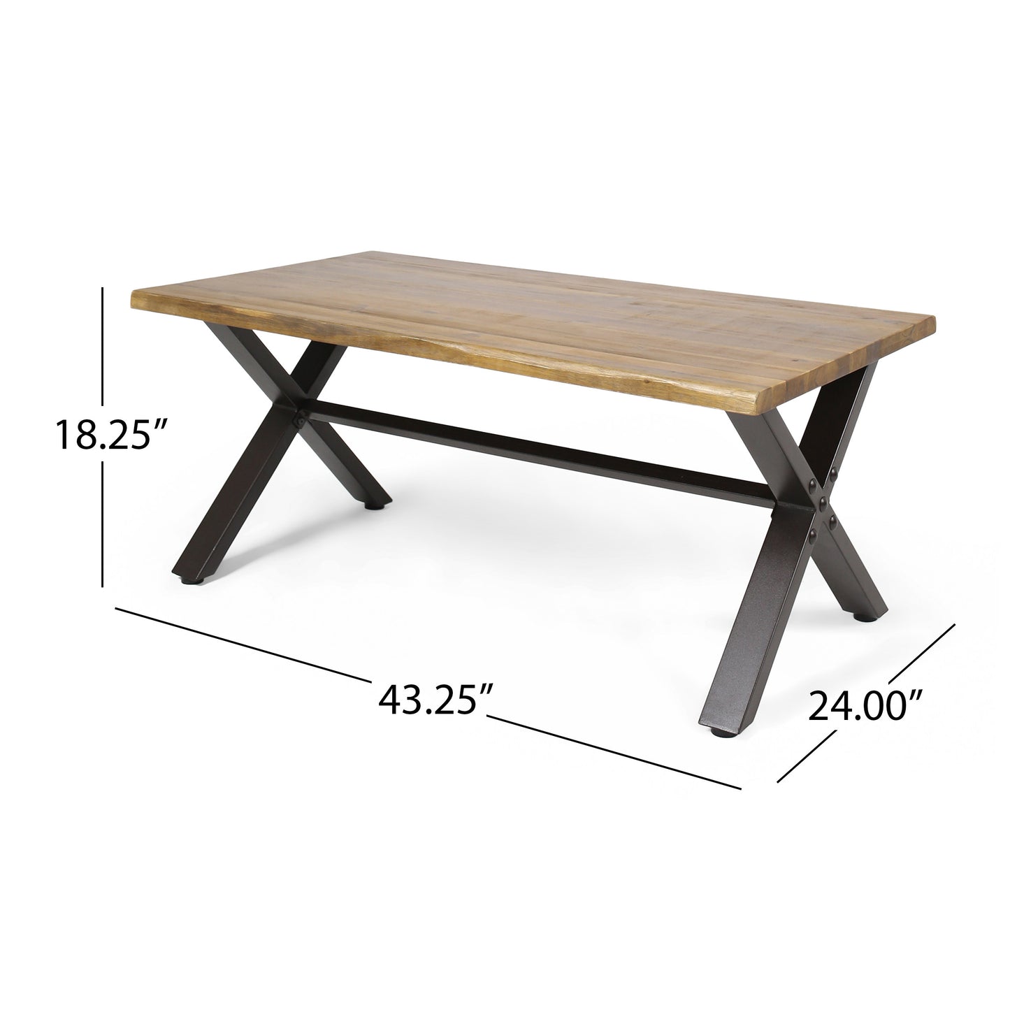 Ishtar Outdoor Farmhouse Teak Acacia Wood Coffee Table with Black X-Frame Legs