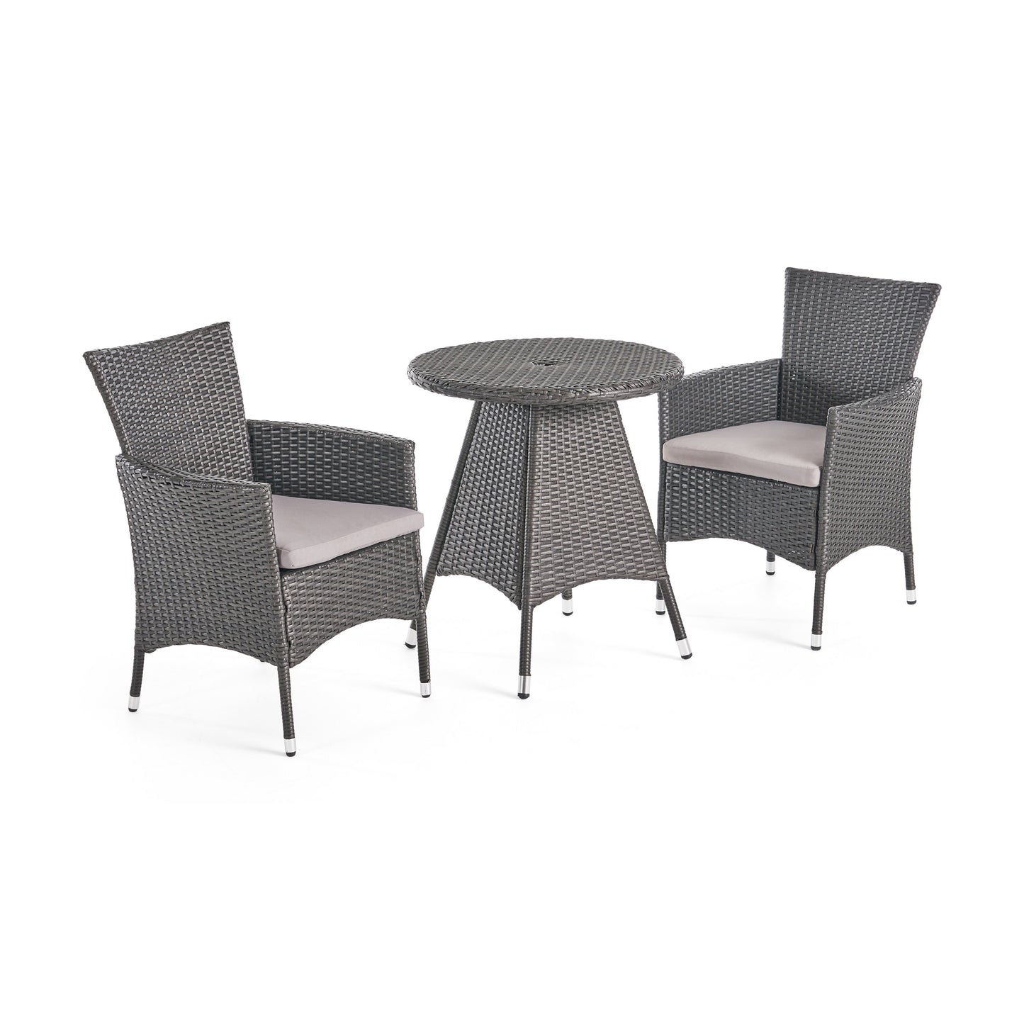 Frank Outdoor 3 Piece Wicker Bistro Set, Grey with Silver Cushions