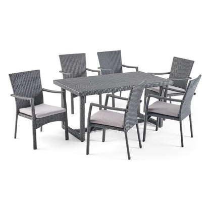 Lena Outdoor 7 Piece Wicker Dining Set, Grey with Grey Cushions
