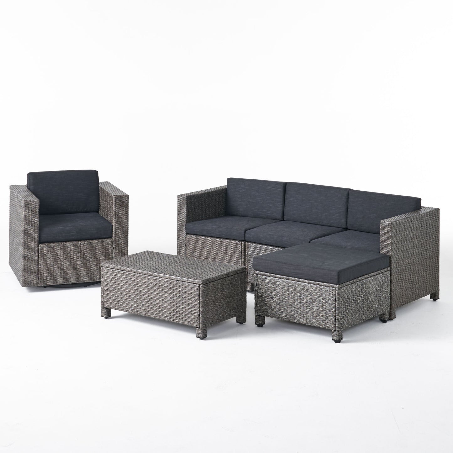 Buzz Outdoor 4 Seater Wicker L-Shaped Sectional Sofa Set with Cushions, Mixed Black with Dark Grey Cushions