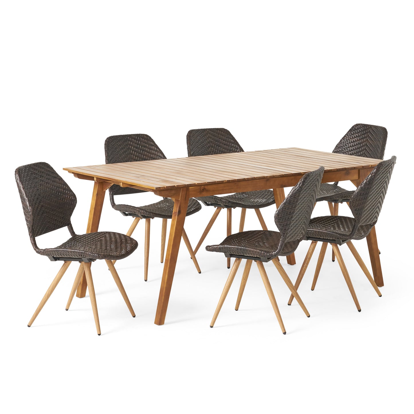 Kevin Outdoor 7 Piece Acacia Wood and Wicker Dining Set, Teak and Multibrown
