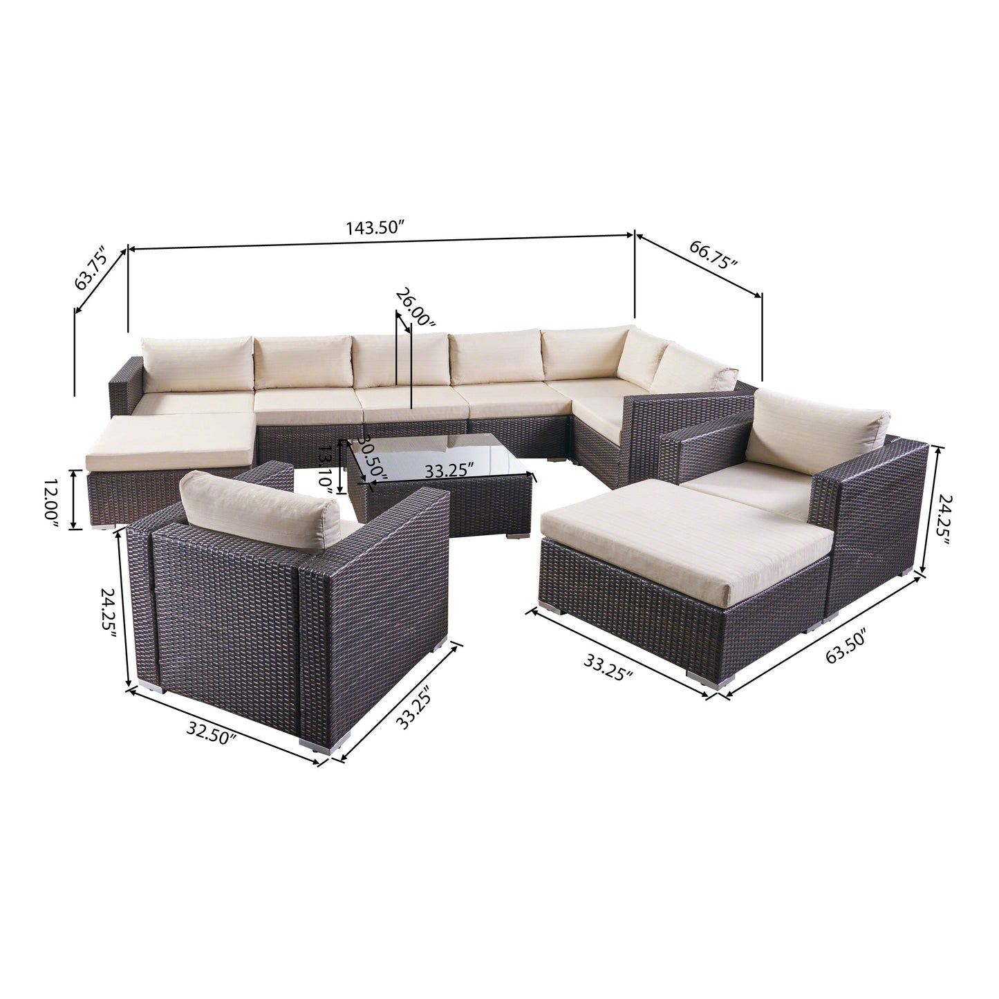 Tom Rosa Outdoor 8 Seater Wicker Sectional Sofa Set with Cushions