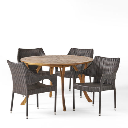Chantelle Outdoor 5 Piece Acacia Wood and Wicker Dining Set