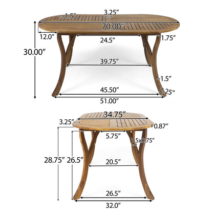 Joan Outdoor 7 Piece Acacia Wood and Wicker Dining Set, Teak with Multi Brown Chairs