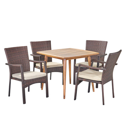 Leah Outdoor Coastal 5 Piece Wicker Dining Set with Slat-Top Acacia Wood Table