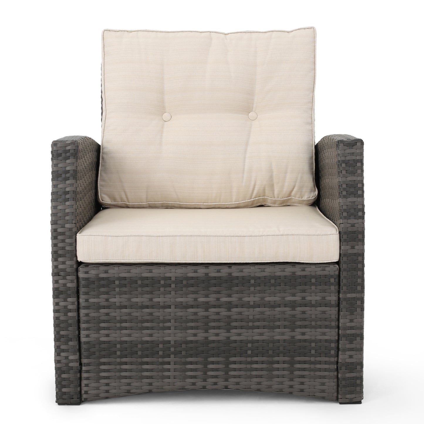 Jake Outdoor 7 Seater Wicker Chat Set with Light Weight Concrete Fire Pit, Gray and Dark Gray