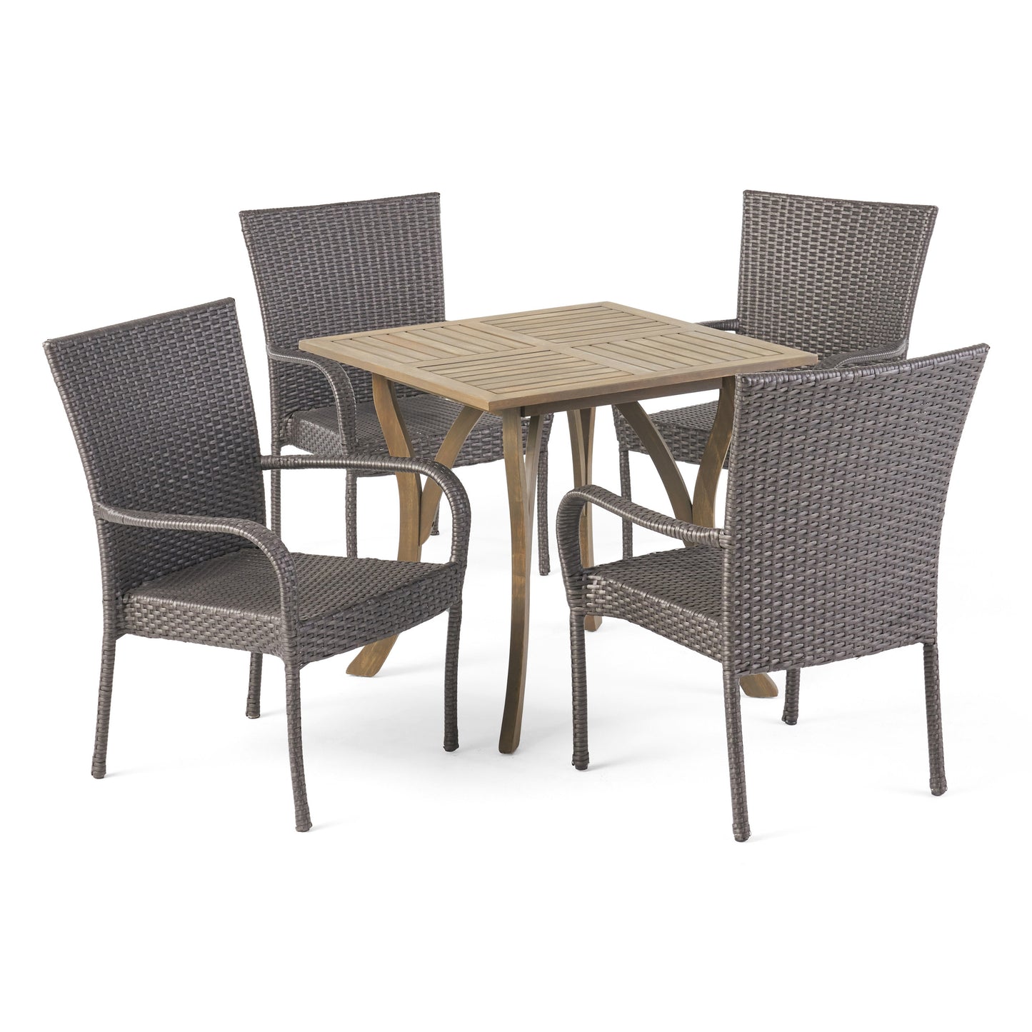 Lebeau Outdoor 5 Piece Acacia Wood/ Wicker Dining Set, Teak Finish and Multibrown