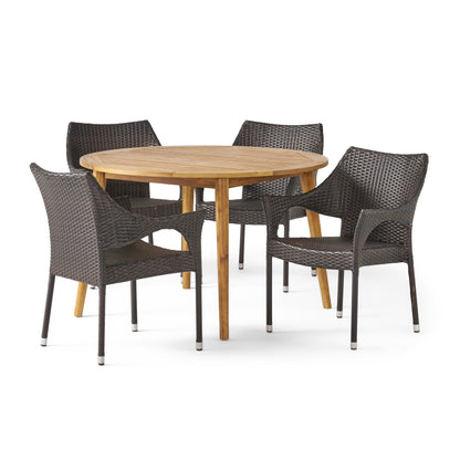 Nix Outdoor 5 Piece Wicker Dining Set with Round Acacia Wood Slat Top Table