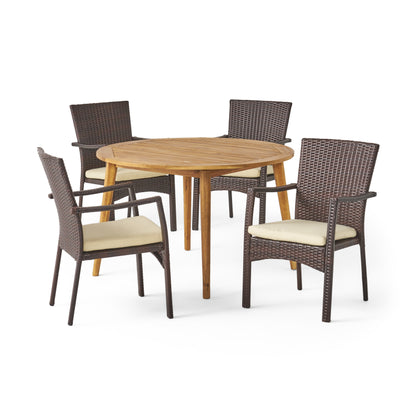 Hoff Outdoor Coastal 5 Piece Wicker Dining Set with Round Acacia Wood Table