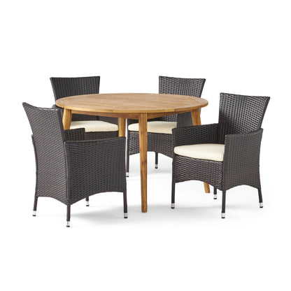 Hearn Outdoor 5 Piece Wood and Wicker Dining Set