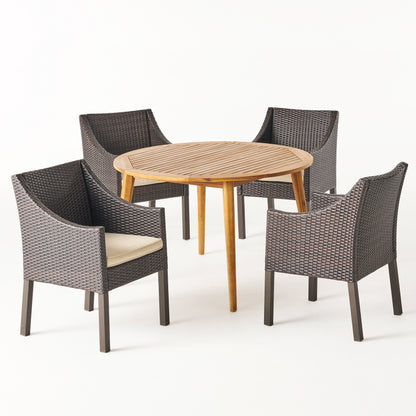 Shipp Outdoor 5 Piece Wood and Wicker Dining Set