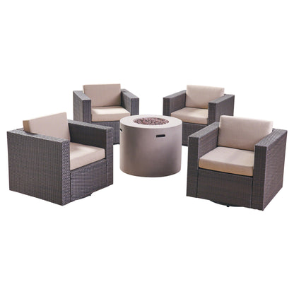 Leon Outdoor 4 Piece Swivel Club Chair Set with Round Fire Pit
