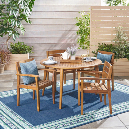Keth Outdoor 5 Piece Teak Acacia Wood Slatted Dining Set with Circular Table