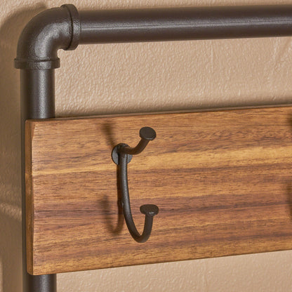 Dahl Outdoor Industrial Acacia and Iron Bench with Shelf and Coat Hooks
