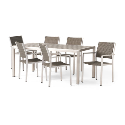 Coral Bay Outdoor 7 Piece Aluminum and Wicker Dining Set with Faux Wood Table Top