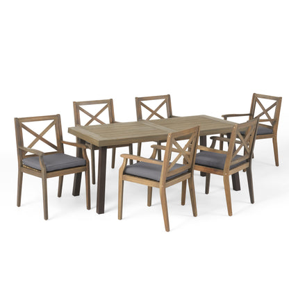 Justin Outdoor Farmhouse Slat-Top 7 Piece Acacia Wood Dining Set with Cushions