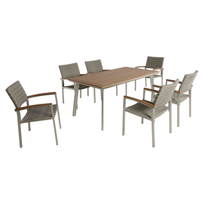 Erma Outdoor Aluminum 7-Piece Dining Set with Mesh Chairs and Faux Wood Top