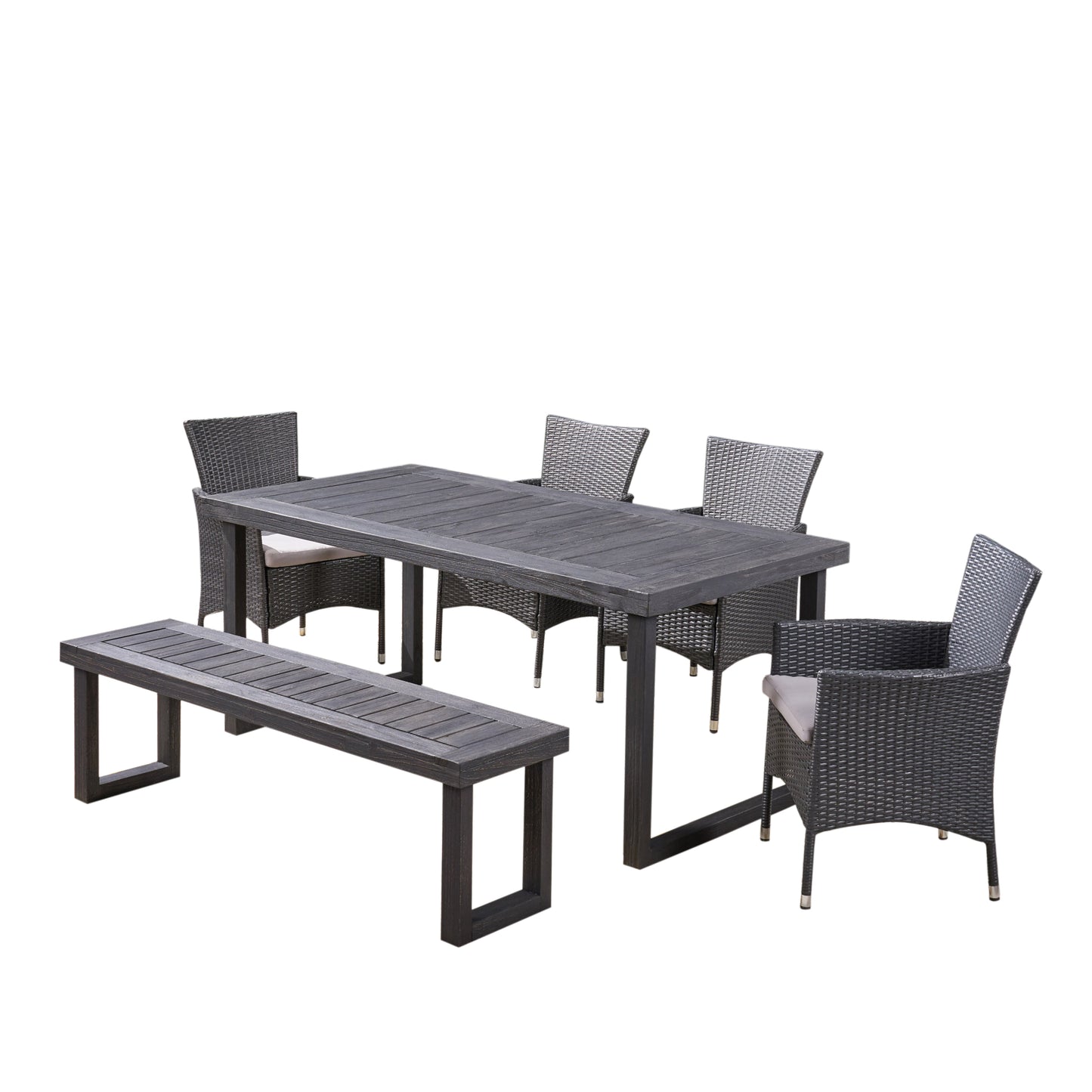 Agnes Outdoor 6-Seater Wood and Wicker Chair and Bench Dining Set