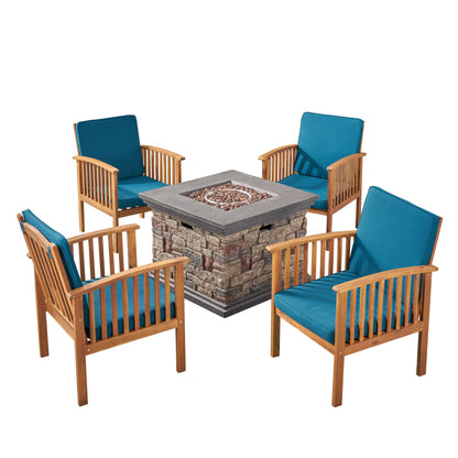 Cape Outdoor 4-Seater Acacia Wood Club Chairs with Firepit, Brown Patina Finish and Cream and Stone
