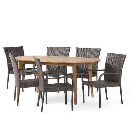 Elle Outdoor 7 Piece Acacia Wood Dining Set with Stacking Wicker Chairs
