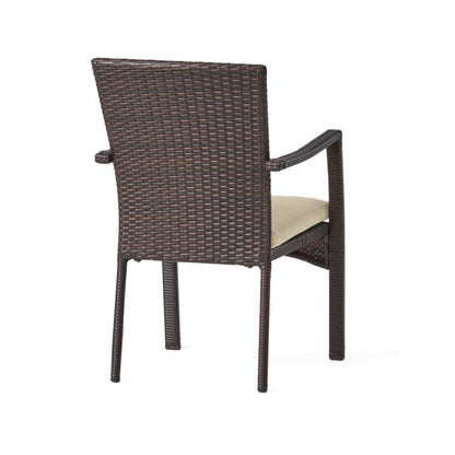 Michaelia Outdoor 7 Piece Acacia Wood Dining Set with Wicker Chairs, Teak and Brown and Cream