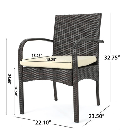 Quintina Outdoor 6-Seater Rectangular Acacia Wood and Wicker Dining Set, Teak with Black and Brown with Cream