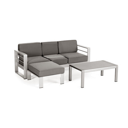 Emily Coral Outdoor Aluminum 3-Seater Sofa Set with Coffee Table and Ottman, Silver and Khaki