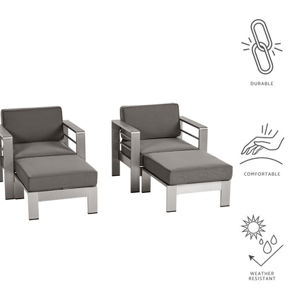 Emily Coral Outdoor Aluminum 2-Seater Club Chair Chat Set with Ottomans, Silver and Gray