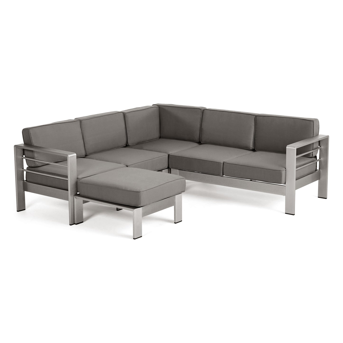 Emily Coral Outdoor Aluminum 5-Seater V-Shape Sectional Sofa Set with Ottoman, Silver and Khaki