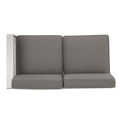 Emily Coral Outdoor Aluminum 5-Seater V-Shape Sectional Sofa Set with Ottoman, Silver and Khaki