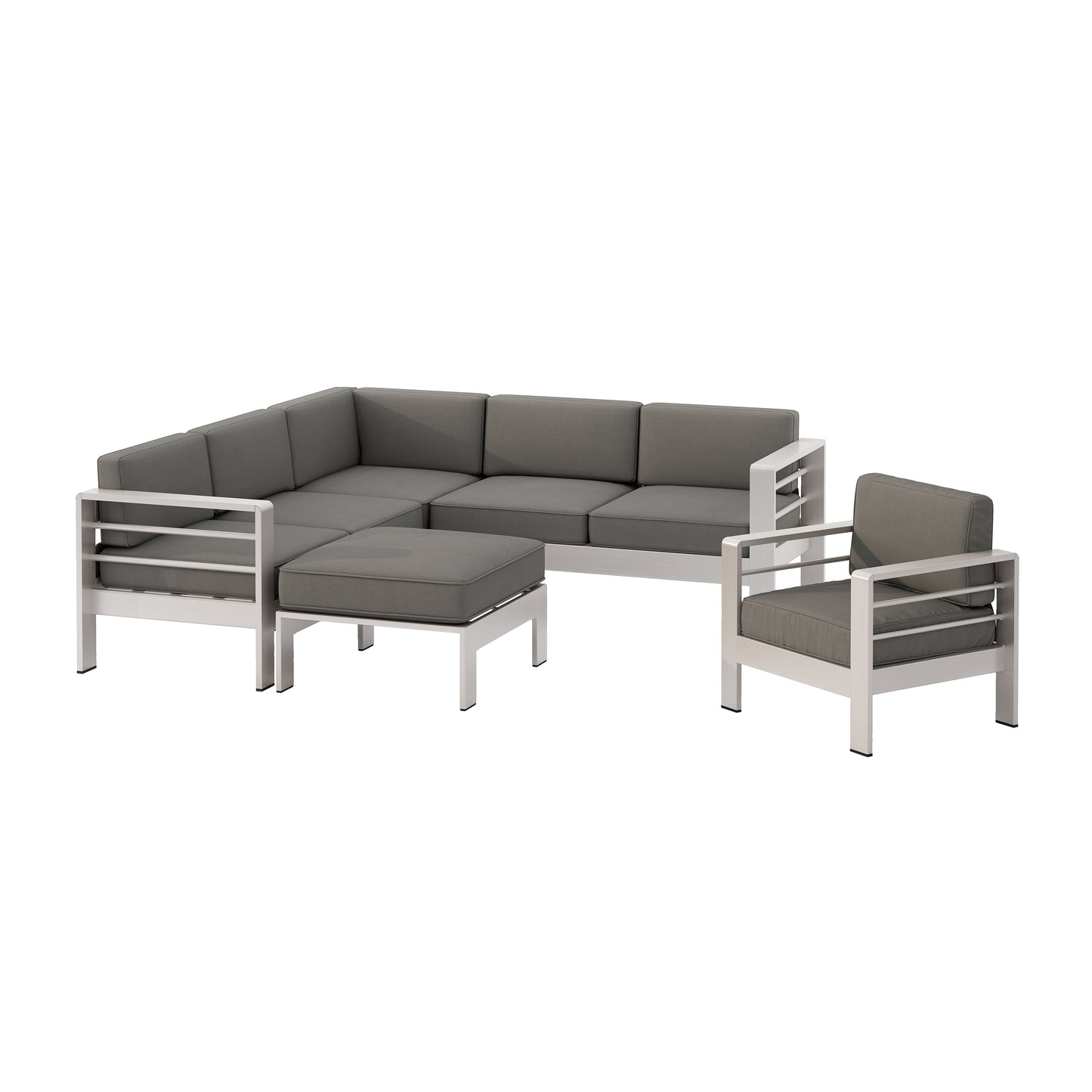 Emily Coral Outdoor Aluminum 6-Seater V-Shaped Sectional Sofa Set with Ottoman