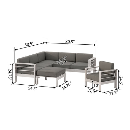 Emily Coral Outdoor Aluminum 6-Seater V-Shaped Sectional Sofa Set with Ottoman