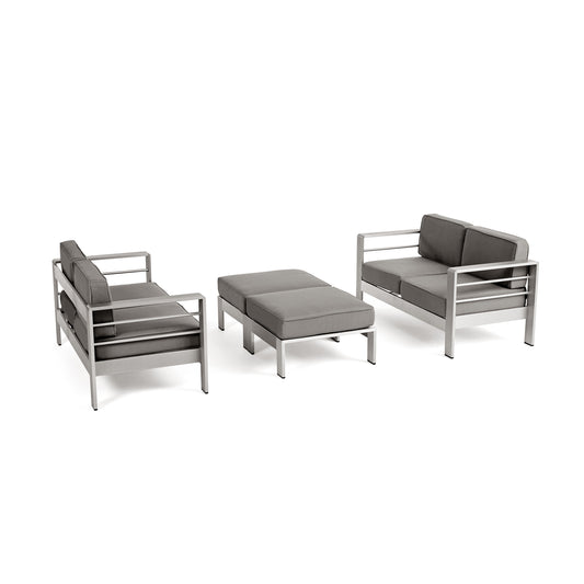 Emily Coral Outdoor 4-Seater Aluminum Loveseat and Ottoman Set, Silver and Khaki