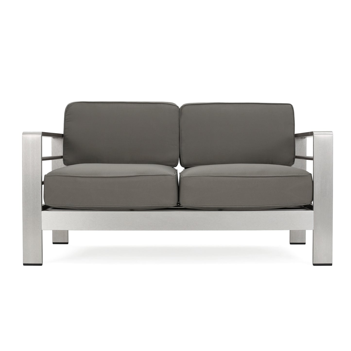 Emily Coral Outdoor 4-Seater Aluminum Loveseat and Ottoman Set, Silver and Khaki