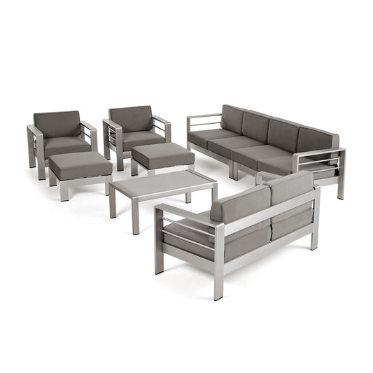 Emily Coral Outdoor Aluminum 8-Seater Sectional Sofa Set with Coffee Table and Ottomans, Silver and Khaki