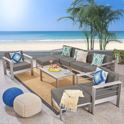 Emily Coral Outdoor Aluminum 6-Seater Sectional Sofa Set with Ottomans and Coffee Table, Silver and Gray