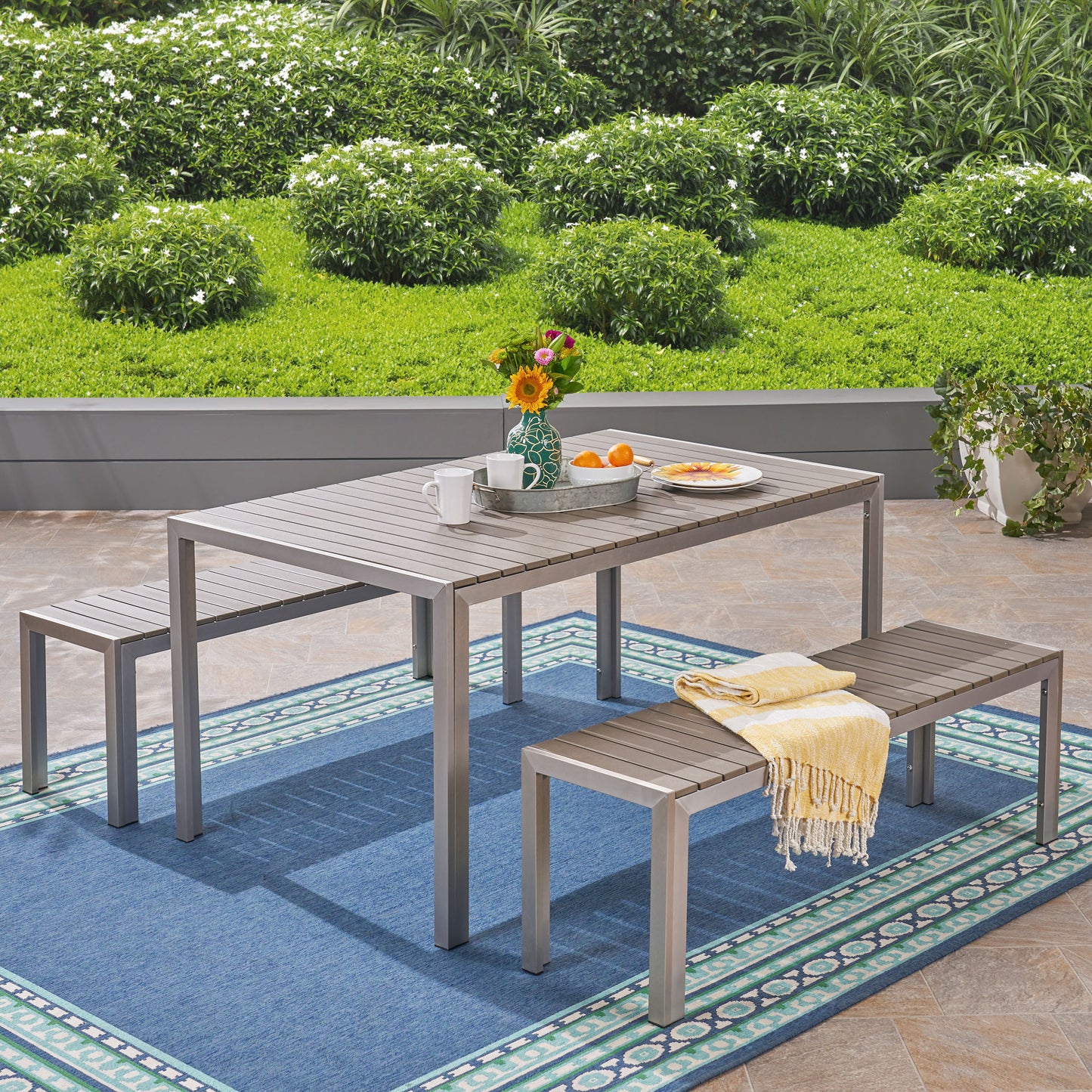 Butler Outdoor Aluminum Picnic Set with Faux Wood Top, Silver and Natural