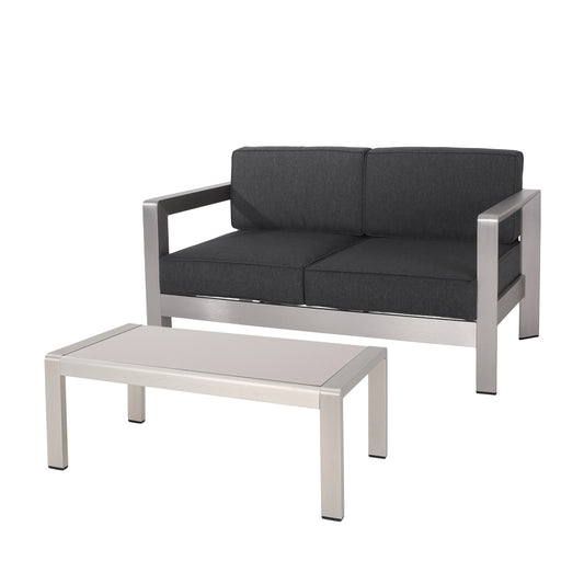 Alec Outdoor Aluminum Loveseat and Tempered Glass-Topped Coffee Table, Silver and Gray