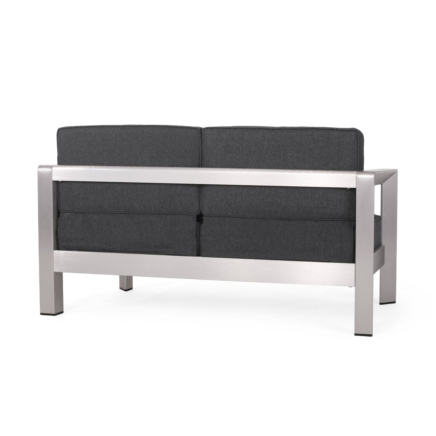 Alec Outdoor Aluminum Loveseat and Tempered Glass-Topped Coffee Table, Silver and Gray