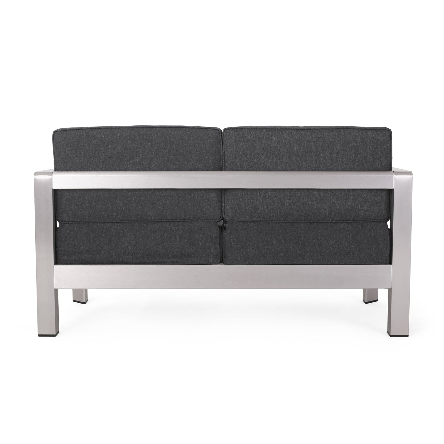 Alec Outdoor Aluminum Loveseat and Tempered Glass-Topped Coffee Table, Silver and Gray