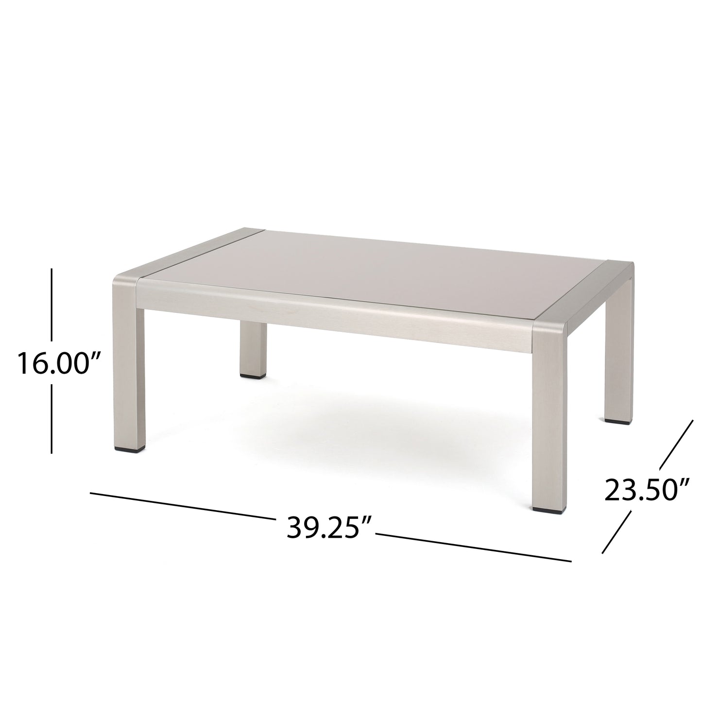 Kenia Outdoor 4-Seater Aluminum Chat Set with Tempered Glass-Topped Coffee Table, Silver and Gray